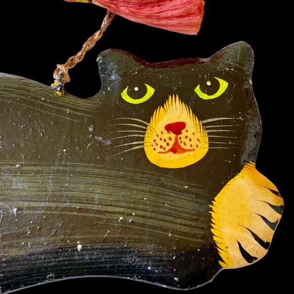 Vintage Wood Black Cat Christmas Hanging Ornament Hand Painted DOUBLE SIDED - Picture 7 of 8
